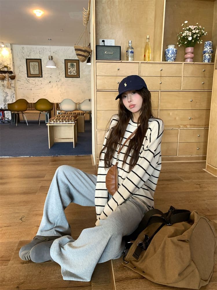 빅 사이즈 원본 원단 느긋한 라운드 넥 긴팔 티셔츠 기본 셔츠 여성 가을 겨울 배색 스트라이프 맨위 상세 이미지 17
