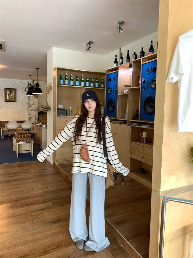 빅 사이즈 원본 원단 느긋한 라운드 넥 긴팔 티셔츠 기본 셔츠 여성 가을 겨울 배색 스트라이프 맨위 상세 이미지 18
