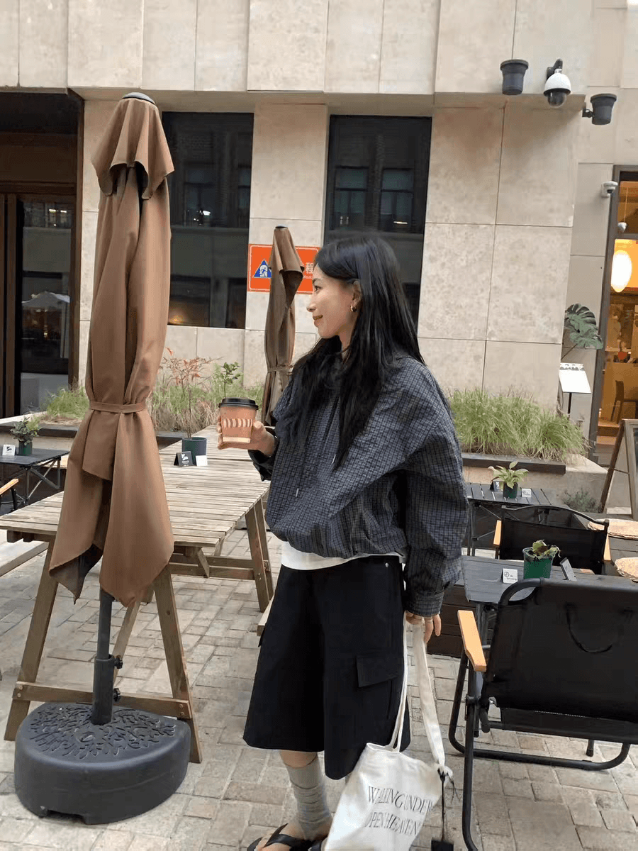한국 25 이른 가을 새로운 캐주얼 셔츠 다용도 체크무늬 후드 지퍼 쇼트 스타일 재킷