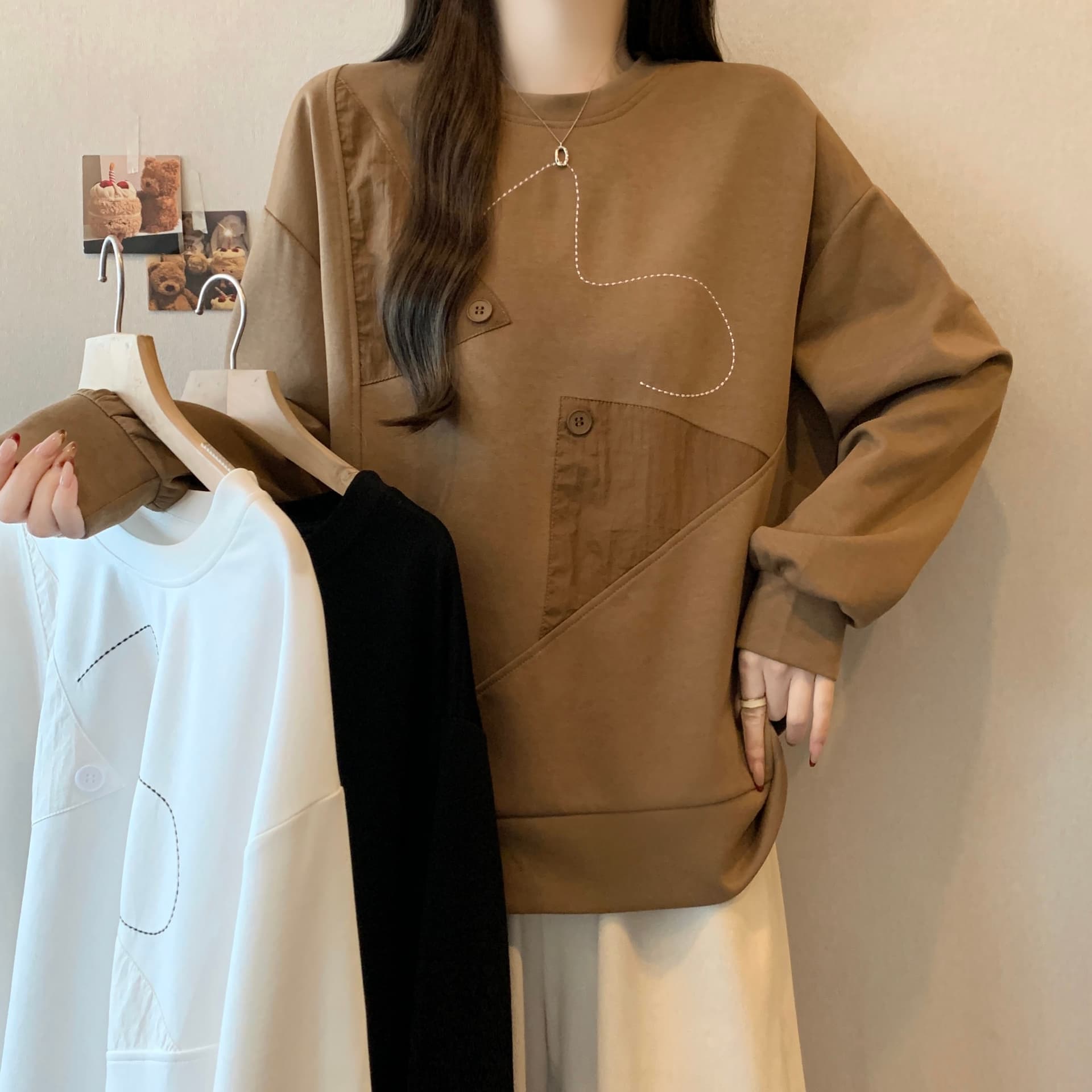 실사 빅 사이즈 여성 의류 통통한 여동생 보존 섹션 패션 밑단 불규칙 루즈핏 표지 배 긴팔 후드티 여성 상세 이미지 1