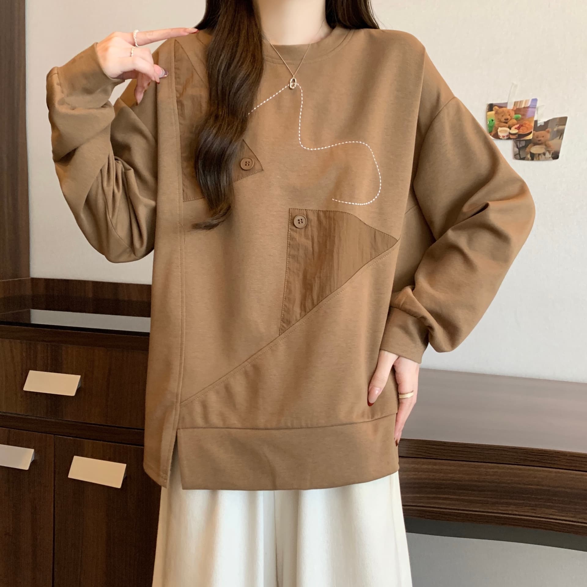 실사 빅 사이즈 여성 의류 통통한 여동생 보존 섹션 패션 밑단 불규칙 루즈핏 표지 배 긴팔 후드티 여성 상세 이미지 6