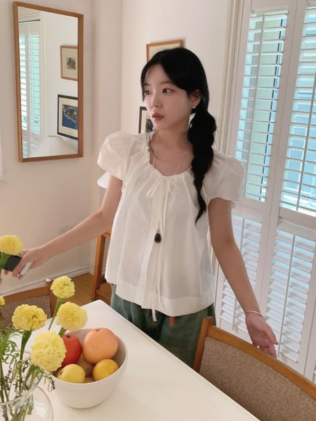 chic 한 부서 여름 부드러운 달콤함 작은 대중 미니멀리즘 레이스업 싱글 줄 버튼 거품 소매 셔츠 맨위 이미지 4