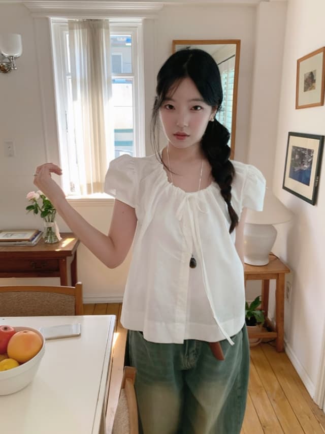 chic 한 부서 여름 부드러운 달콤함 작은 대중 미니멀리즘 레이스업 싱글 줄 버튼 거품 소매 셔츠 맨위 상세 이미지 4