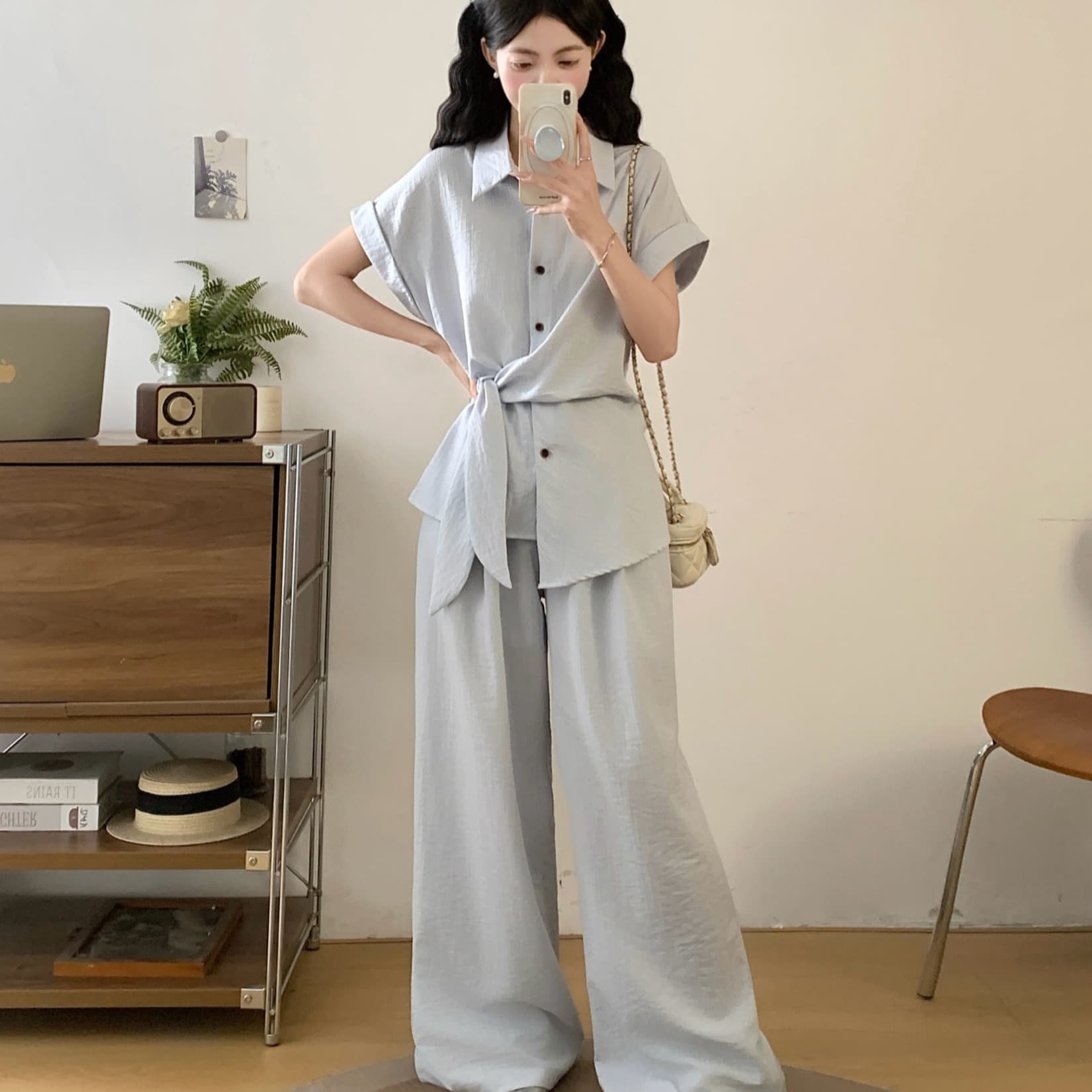 진짜 실사 빅 사이즈 유럽 상품 오래된 돈 바람 아마 민소매 허리 수축 맨위 와이드 레그 팬츠 두 조각 여성 세트 여름 새로운 이미지 6