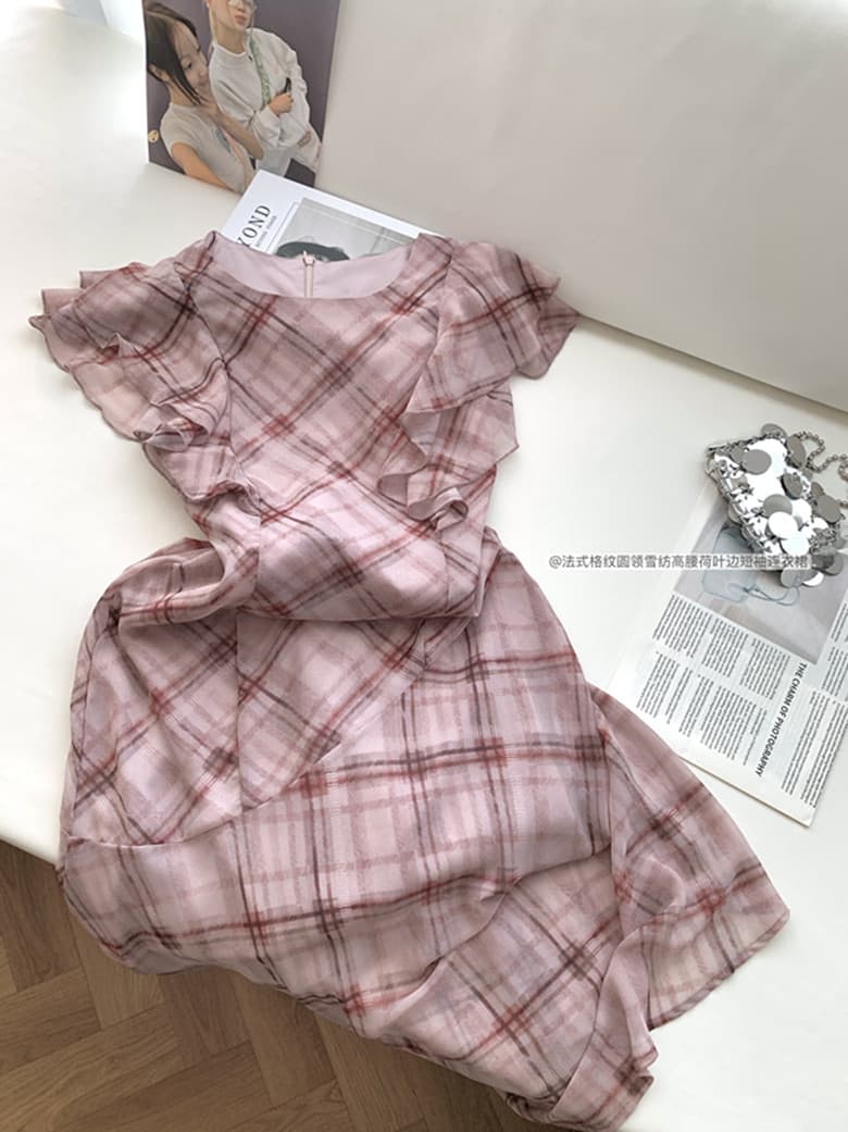 sleepybunny 프랑스식 체크무늬 라운드 넥 쉬폰 여성 드레스 하이웨이스트 중간 길이 프릴 반팔 롱 스커트 상세 이미지 16