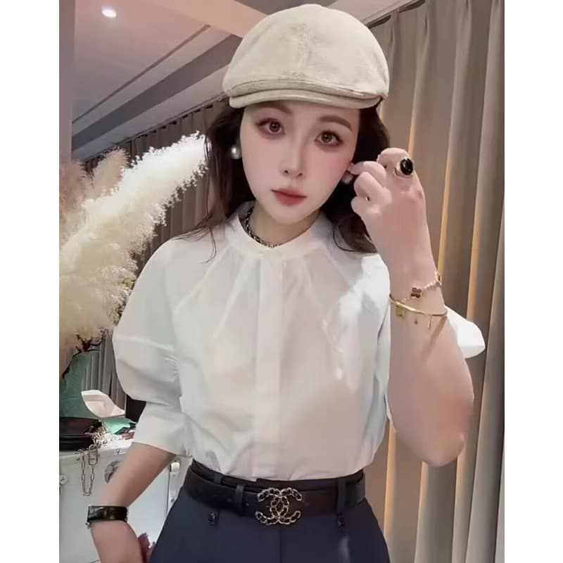 여름 프랑스식 화이트 버블 반소매 여성 셔츠 고급 디자인 센스 작은 대중 루즈핏 다용도 아름다운 오픈 가디건 맨위 이미지 5