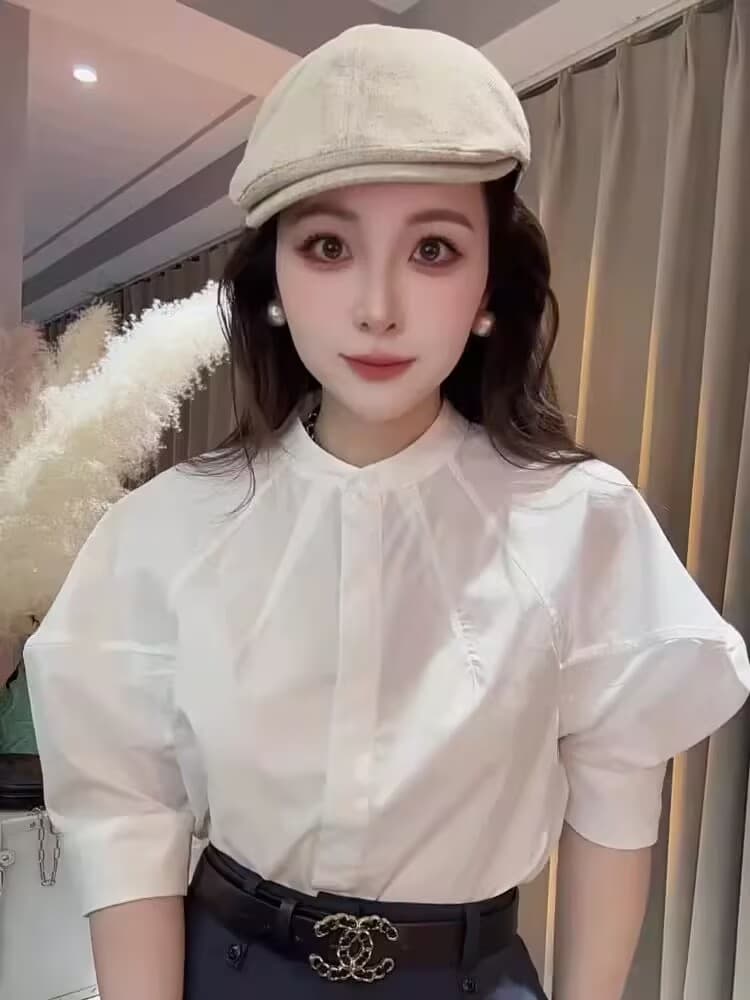 여름 프랑스식 화이트 버블 반소매 여성 셔츠 고급 디자인 센스 작은 대중 루즈핏 다용도 아름다운 오픈 가디건 맨위 이미지 3