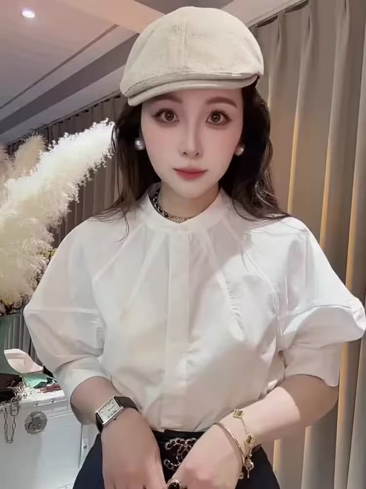 여름 프랑스식 화이트 버블 반소매 여성 셔츠 고급 디자인 센스 작은 대중 루즈핏 다용도 아름다운 오픈 가디건 맨위 이미지 2