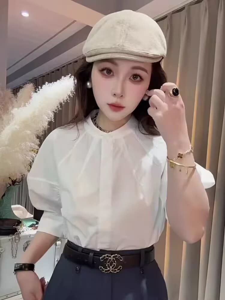 여름 프랑스식 화이트 버블 반소매 여성 셔츠 고급 디자인 센스 작은 대중 루즈핏 다용도 아름다운 오픈 가디건 맨위 이미지 4