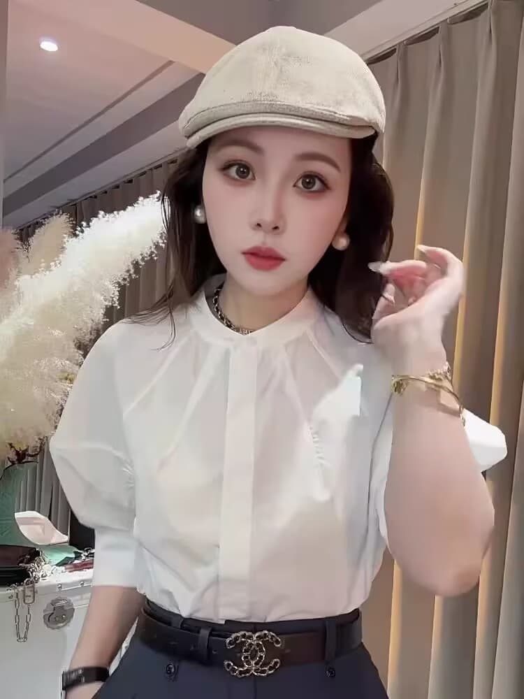 여름 프랑스식 화이트 버블 반소매 여성 셔츠 고급 디자인 센스 작은 대중 루즈핏 다용도 아름다운 오픈 가디건 맨위 상세 이미지 3