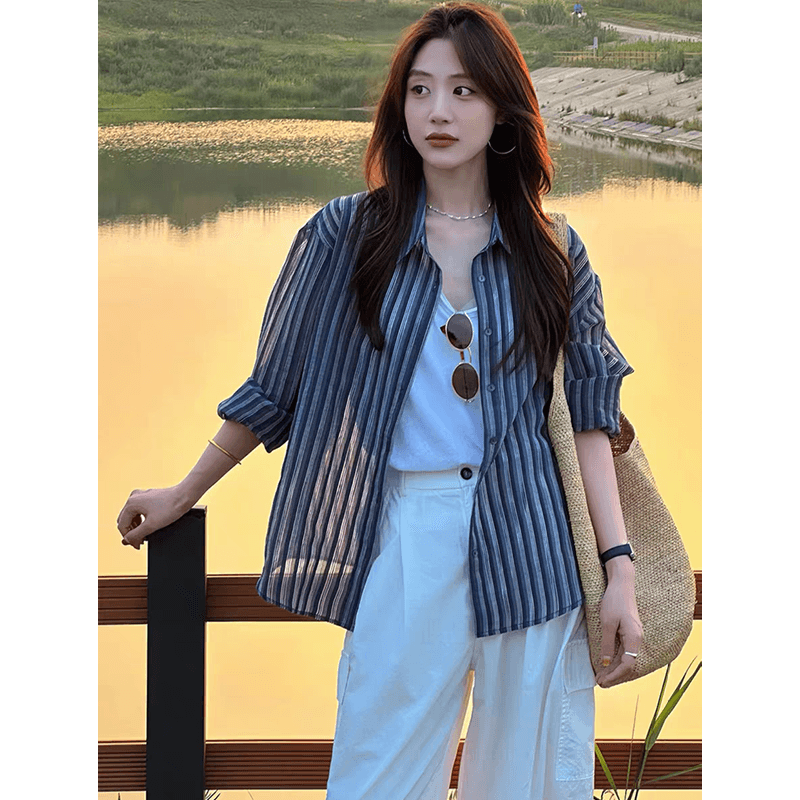 검정색 스트라이프 캐주얼 바람 자외선 차단 외출용 반소매 셔츠 셔츠 여성 2026 새로운 가을 프랑스식 사소한 맨위 이미지 5