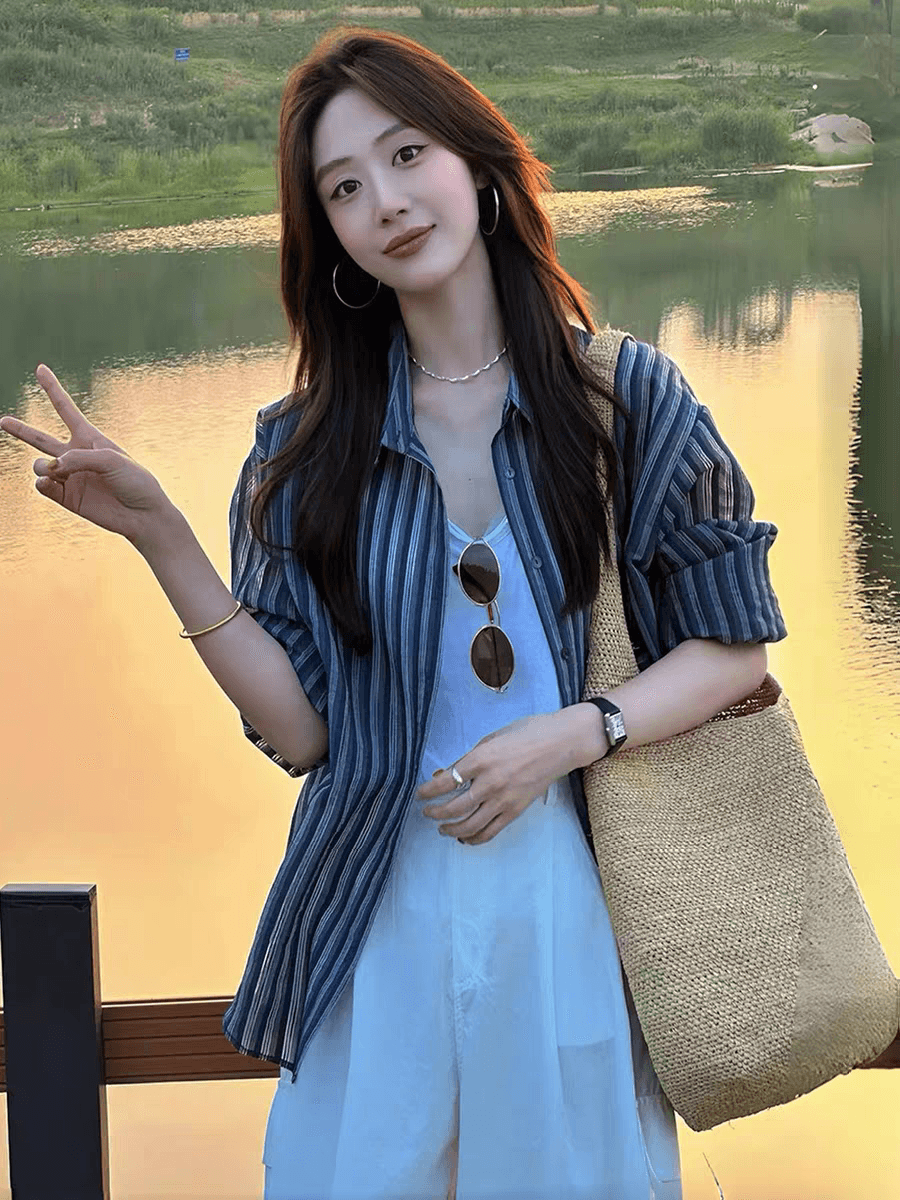 검정색 스트라이프 캐주얼 바람 자외선 차단 외출용 반소매 셔츠 셔츠 여성 2026 새로운 가을 프랑스식 사소한 맨위 이미지 3