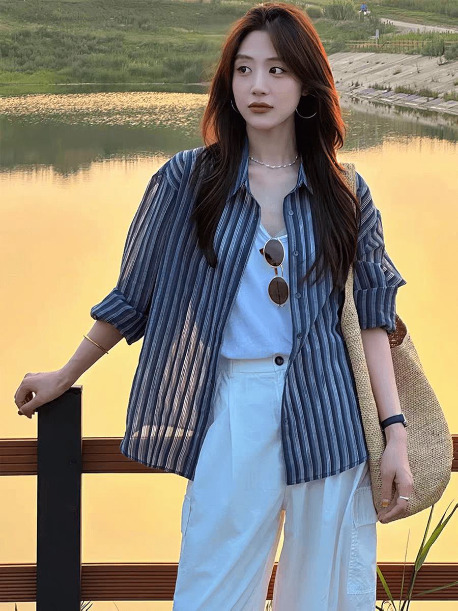 검정색 스트라이프 캐주얼 바람 자외선 차단 외출용 반소매 셔츠 셔츠 여성 2026 새로운 가을 프랑스식 사소한 맨위 상세 이미지 1