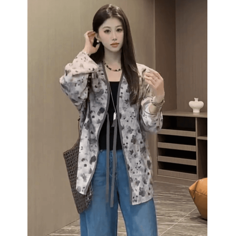 밝은 회색 색상 수묵화 헤일로 염색 프린트 한푸 여성 2026 새로운 새로운 국풍 새로운 중식 맨위 레이스업 루즈핏 셔츠 이미지 5