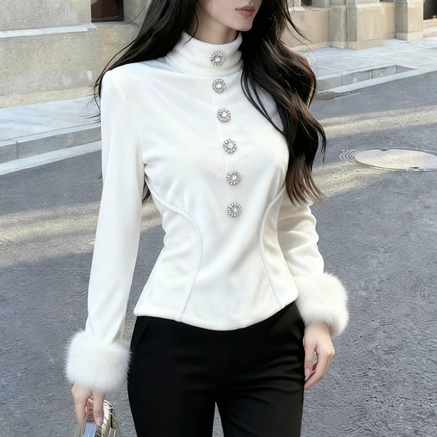 화이트 벨벳 여성 셔츠 디자인 센스 슈퍼 잘 생긴 고유 한 아름다운 품격 고급 꼬집기 허리 프랑스식 가을 겨울철 맨위 상세 이미지 1