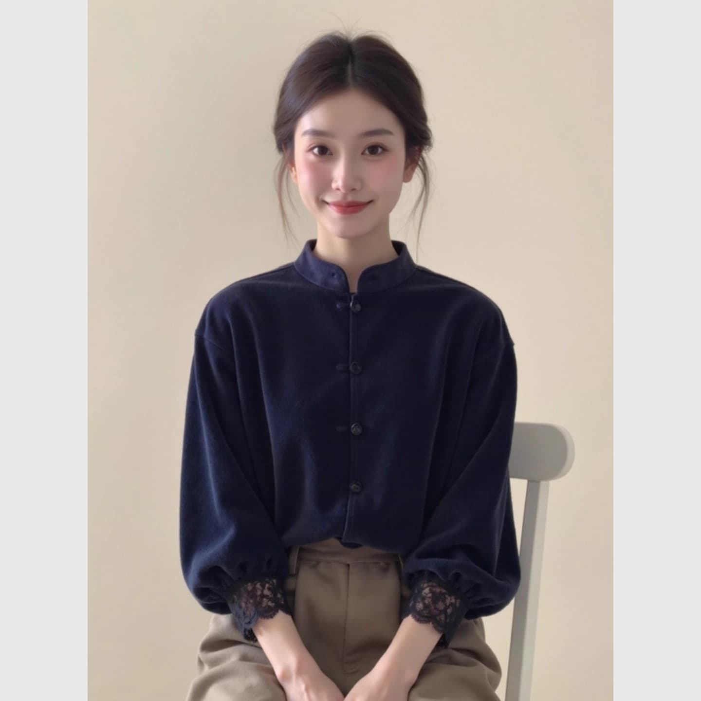 새로운 중식 여성 의류 해군 스탠드 칼라 레이스 측면 벨벳 맨위 26 가을 루즈핏 슬림해 보이는 품격 국풍 작은 셔츠 이미지 3