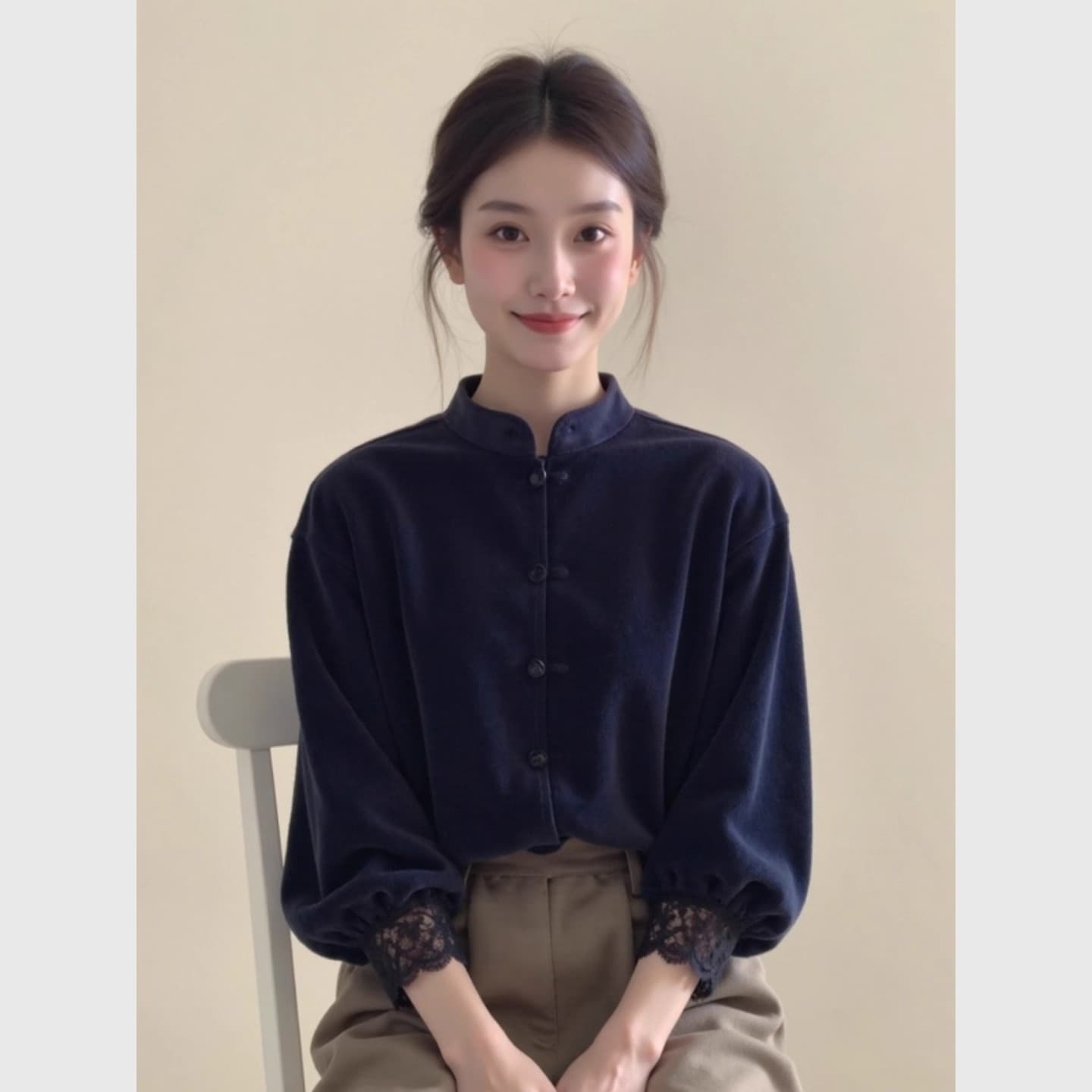 새로운 중식 여성 의류 해군 스탠드 칼라 레이스 측면 벨벳 맨위 26 가을 루즈핏 슬림해 보이는 품격 국풍 작은 셔츠 이미지 2