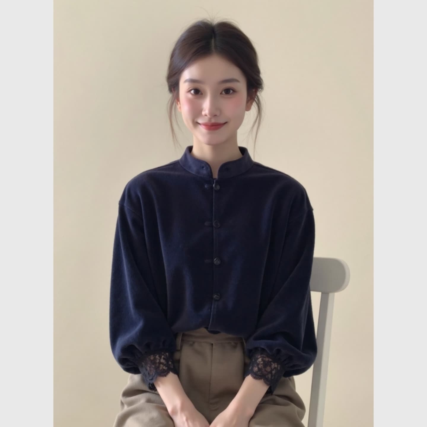새로운 중식 여성 의류 해군 스탠드 칼라 레이스 측면 벨벳 맨위 26 가을 루즈핏 슬림해 보이는 품격 국풍 작은 셔츠 상세 이미지 6