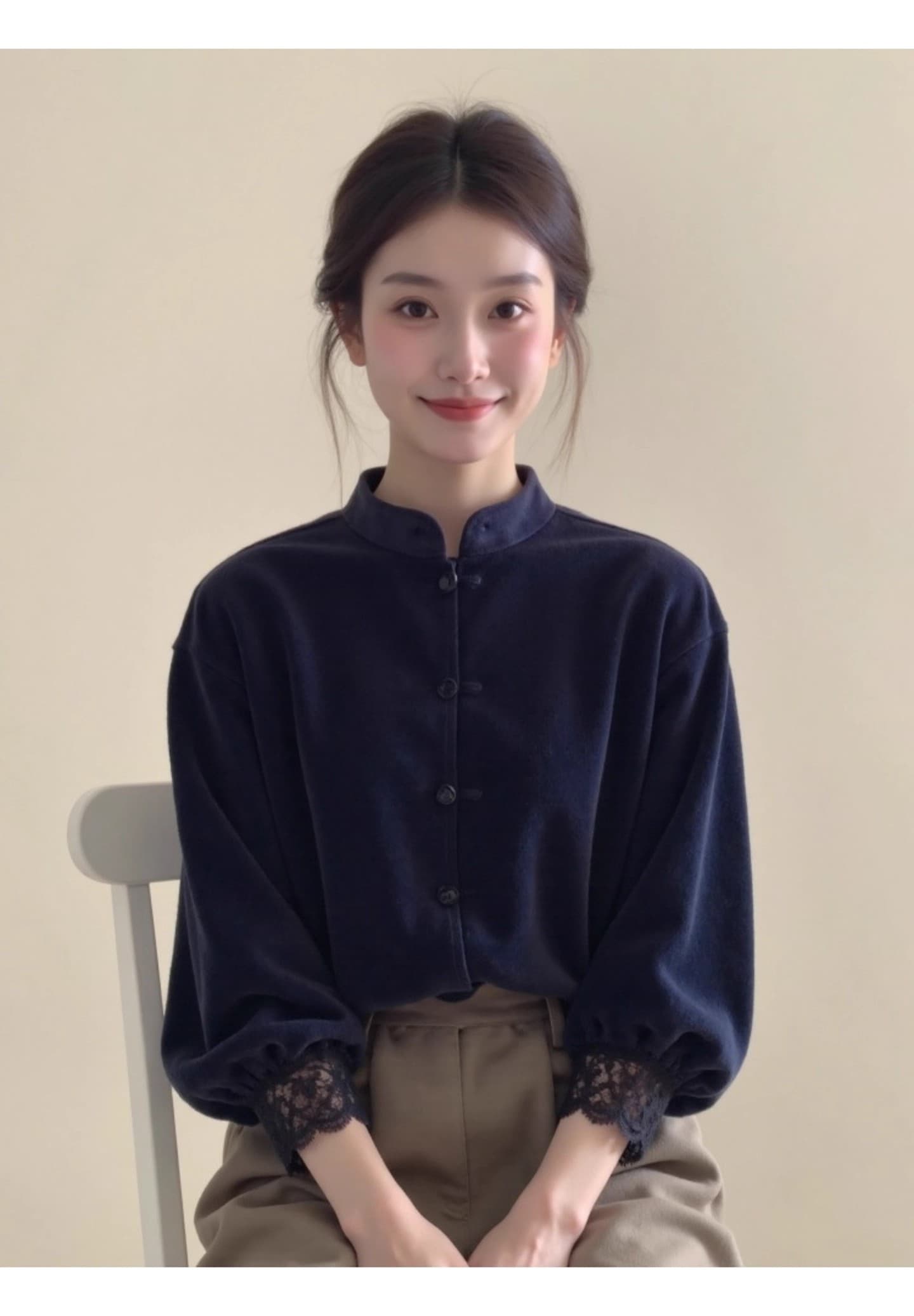 새로운 중식 여성 의류 해군 스탠드 칼라 레이스 측면 벨벳 맨위 26 가을 루즈핏 슬림해 보이는 품격 국풍 작은 셔츠 상세 이미지 8