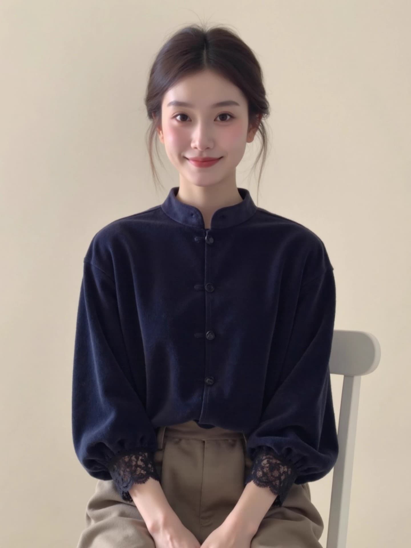 새로운 중식 여성 의류 해군 스탠드 칼라 레이스 측면 벨벳 맨위 26 가을 루즈핏 슬림해 보이는 품격 국풍 작은 셔츠 상세 이미지 9