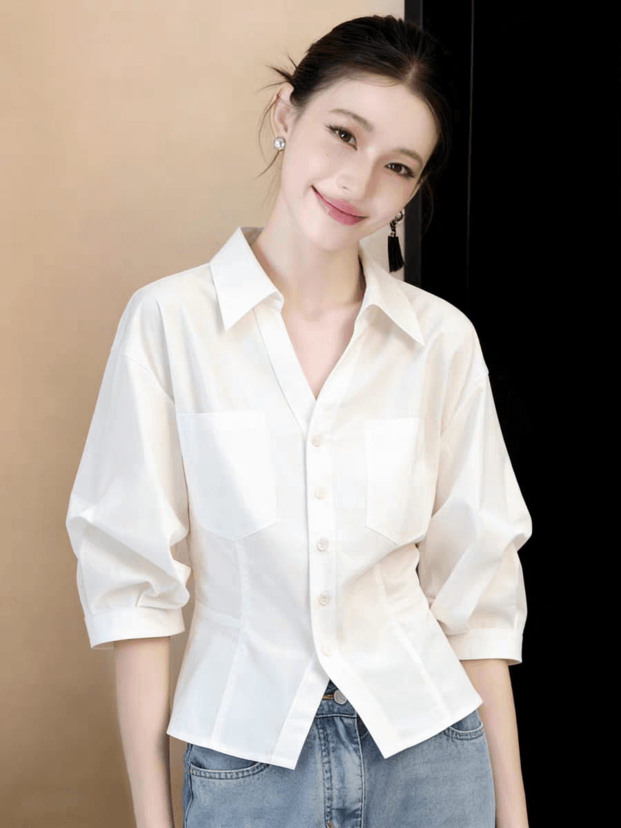화이트 허리 수축 여성 셔츠 2026 년 여름 드레스 새로운 고급 출퇴근 경력 센스 연령 감소 프랑스식 거품 소매 맨위 이미지 4
