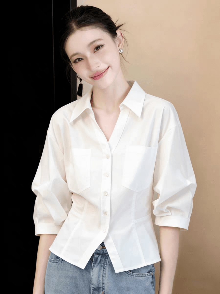 화이트 허리 수축 여성 셔츠 2026 년 여름 드레스 새로운 고급 출퇴근 경력 센스 연령 감소 프랑스식 거품 소매 맨위 상세 이미지 3