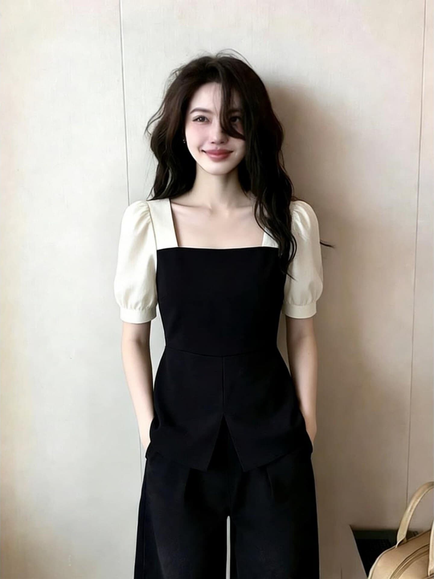아메리칸 우아함 바람 배색 페이크 레이어드 반팔 티셔츠 여성 2026 여름 새로운 광장 칼라 슬림해 보이는 고급 센스 맨위 이미지 2