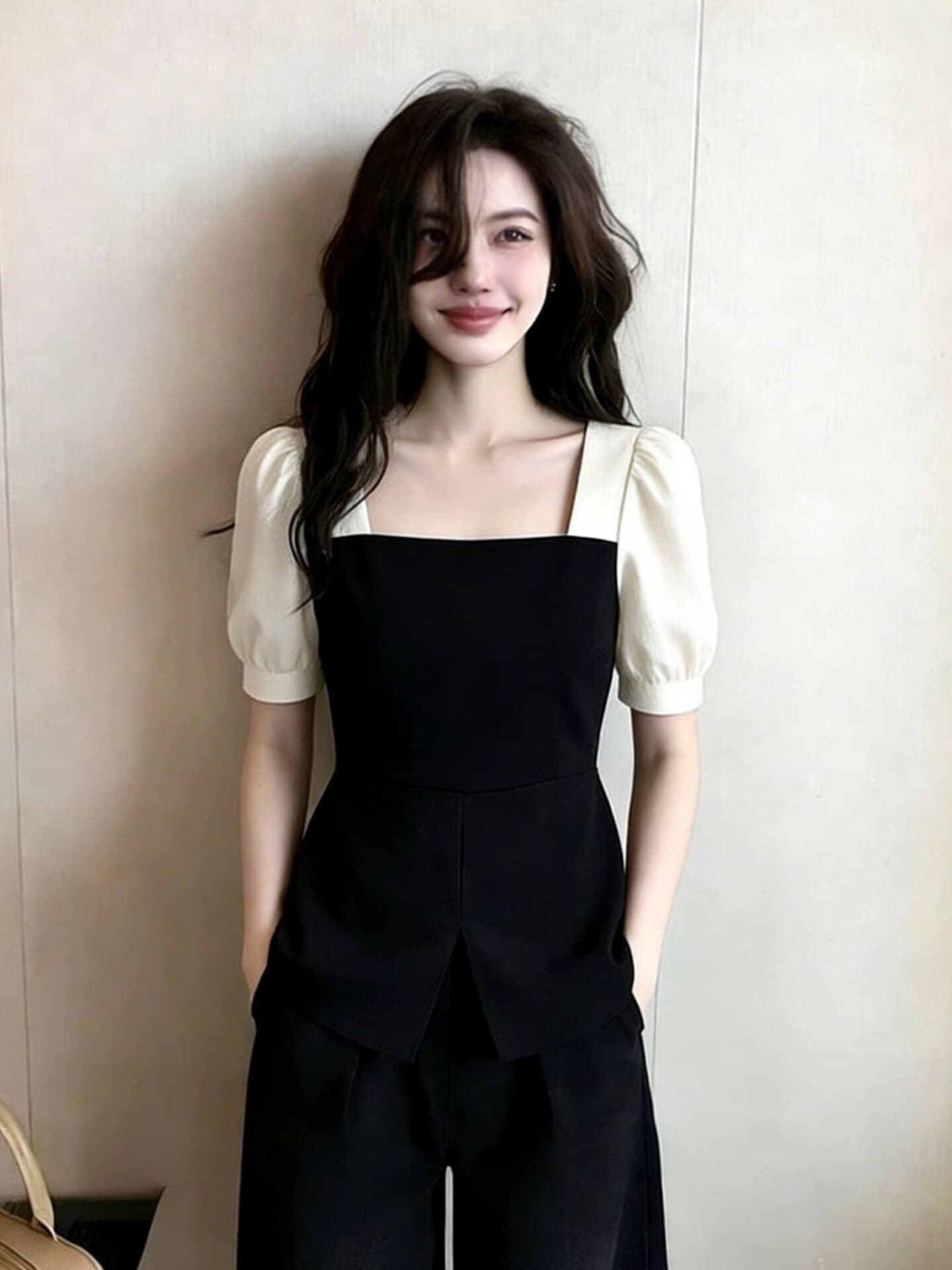 아메리칸 우아함 바람 배색 페이크 레이어드 반팔 티셔츠 여성 2026 여름 새로운 광장 칼라 슬림해 보이는 고급 센스 맨위 이미지 3