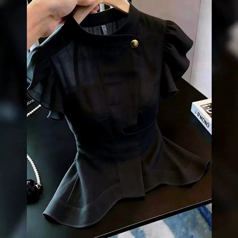 패션 출퇴근 바람 검정색 반팔 프릴 맨위 여성 디자인 센스 작은 대중 슬림해 보이는 품격 2026 여름 새로운 이미지 5