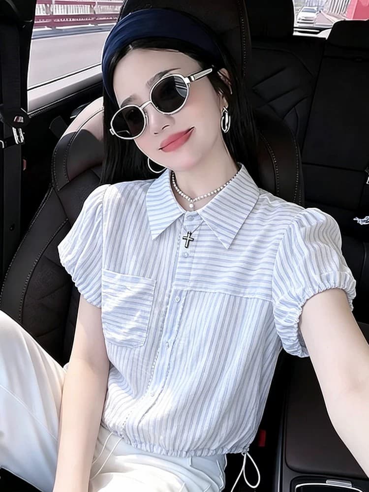 달콤한 자매 배색 스트라이프 폴로 칼라 반팔 맨위 2026 여름 새로운 패션 출퇴근 다용도 캐주얼 펌프 로프 작은 셔츠 상세 이미지 6