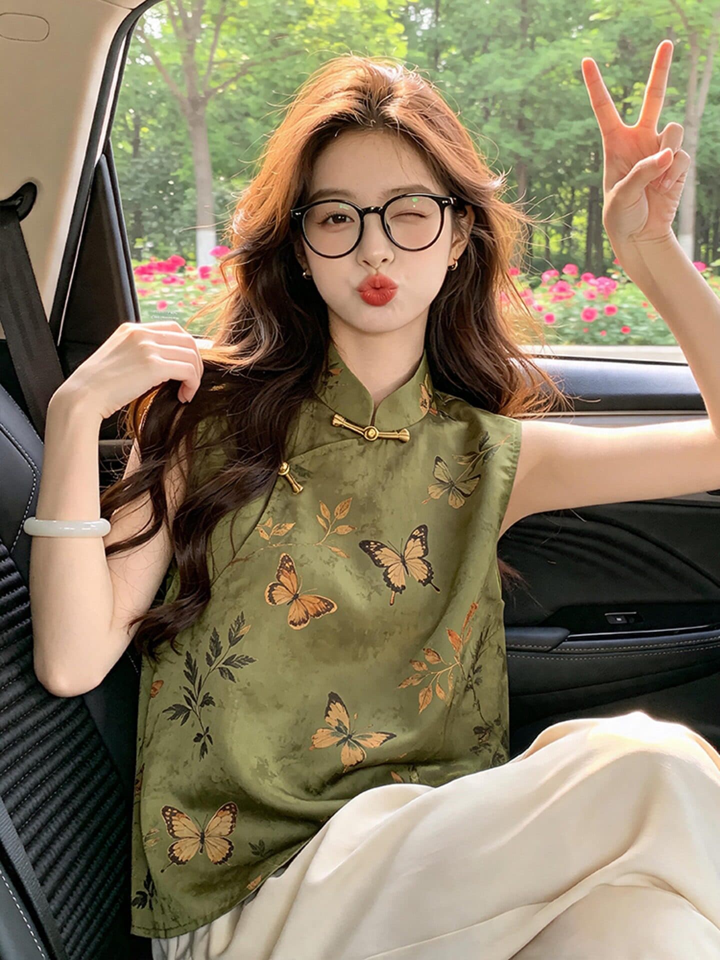 새로운 중식 국풍 맨위 여성 고급 올리브 그린 나비 프린트 단추 민소매 맨위 당나라 개선 한푸 여름 상세 이미지 1