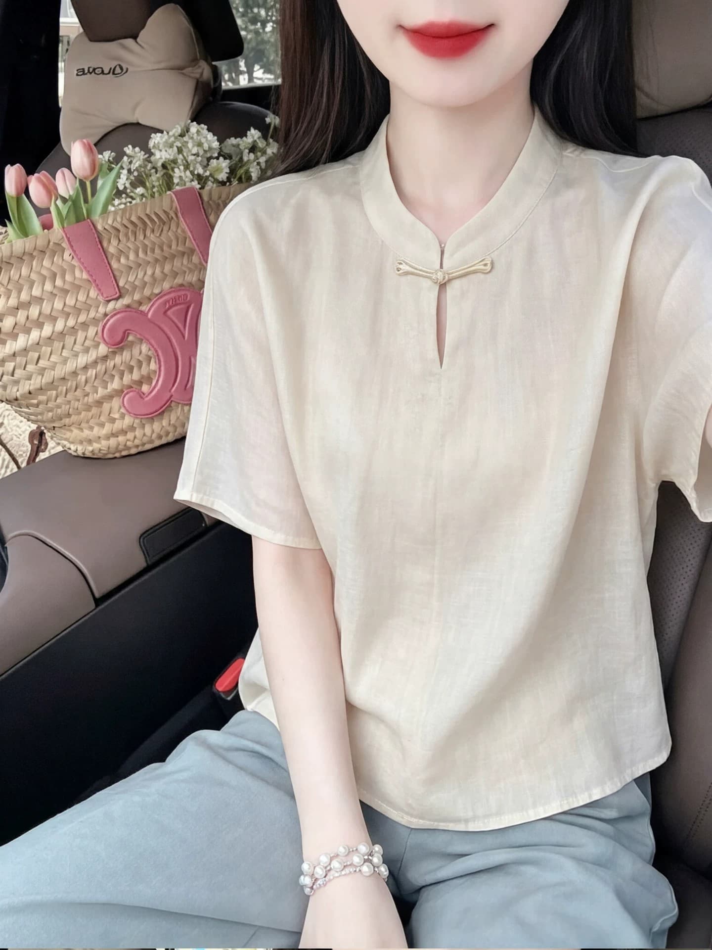 새로운 중식 국풍 단추 베이지 색 스탠드 칼라 반팔 여성 셔츠 여름 2026 새로운 Chic 매우 요정 ~ 중 맨위 이미지 3
