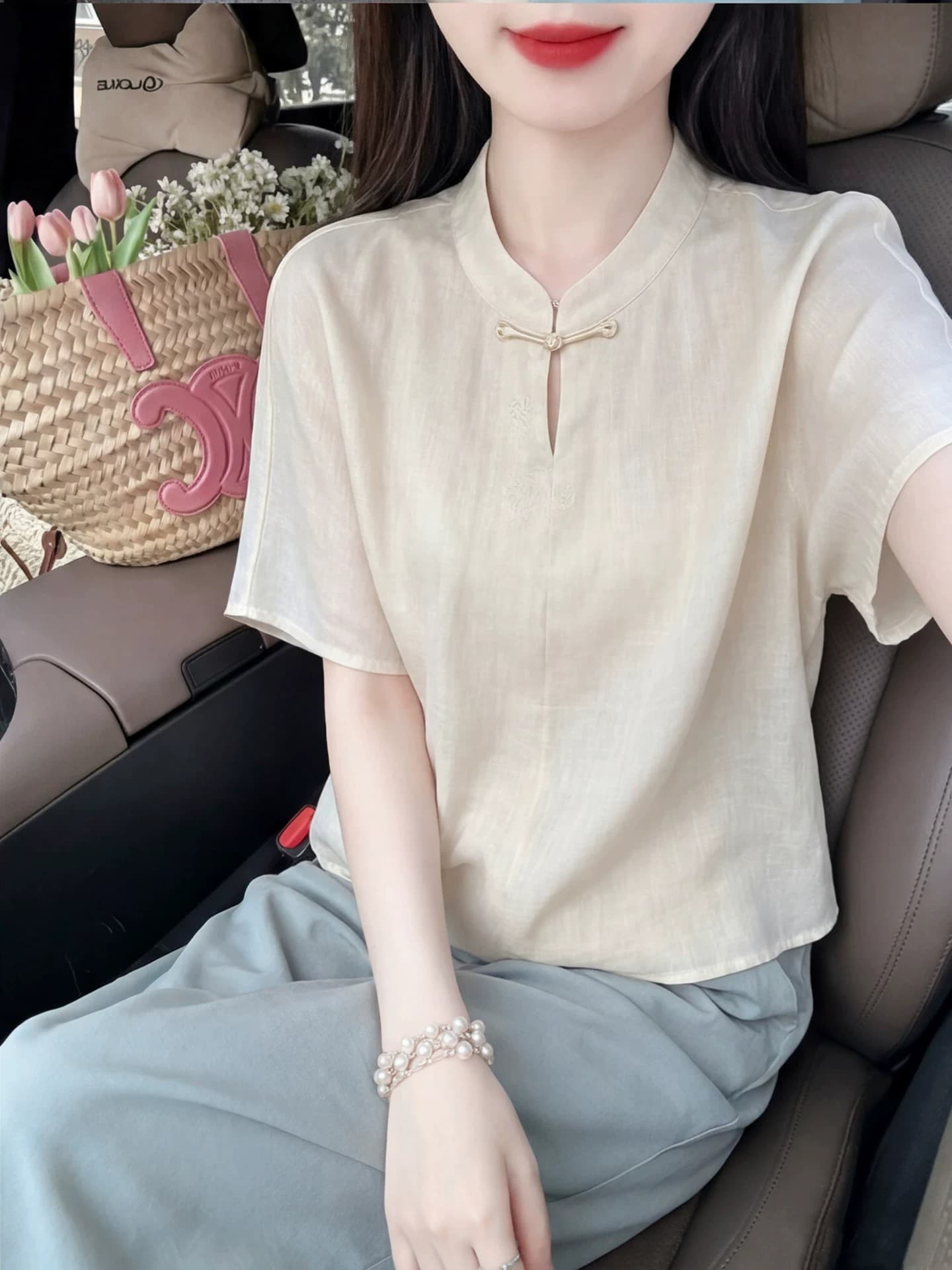 새로운 중식 국풍 단추 베이지 색 스탠드 칼라 반팔 여성 셔츠 여름 2026 새로운 Chic 매우 요정 ~ 중 맨위 상세 이미지 1