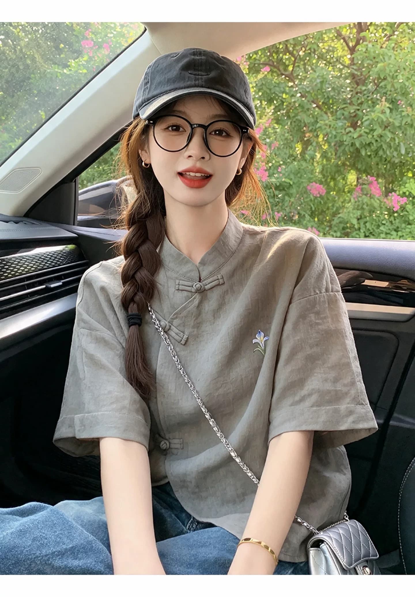 새로운 중식 국풍 고급 여성 셔츠 차 회색 붓꽃을 만발하다 면 린넨 반팔 티셔츠 여름 영 에디션 개선 당나라 상세 이미지 1