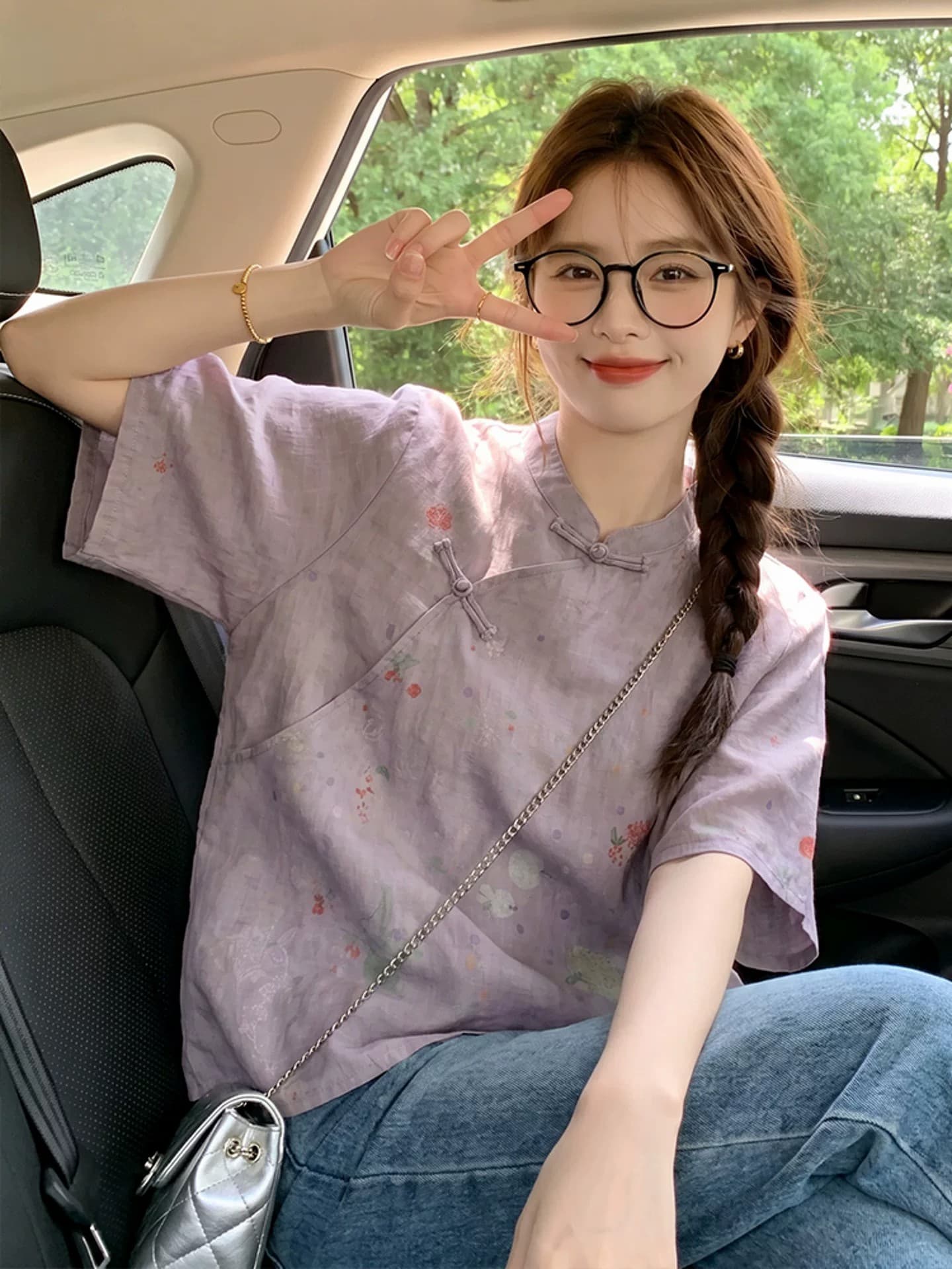 새로운 중식 국풍 절묘한 여성 의류 보라색 면 린넨 프린트 반팔 셔츠 개선 당나라 영 에디션 루즈핏 맨위 이미지 2
