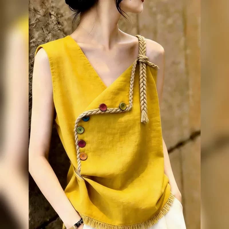 미니멀리즘 바람 황색 V넥 민소매 맨위 여성 여름 캐주얼 슈퍼 잘 생긴 다용도 슬림해 보이는 디자인 센스 술 측면 작은 셔츠 이미지 4