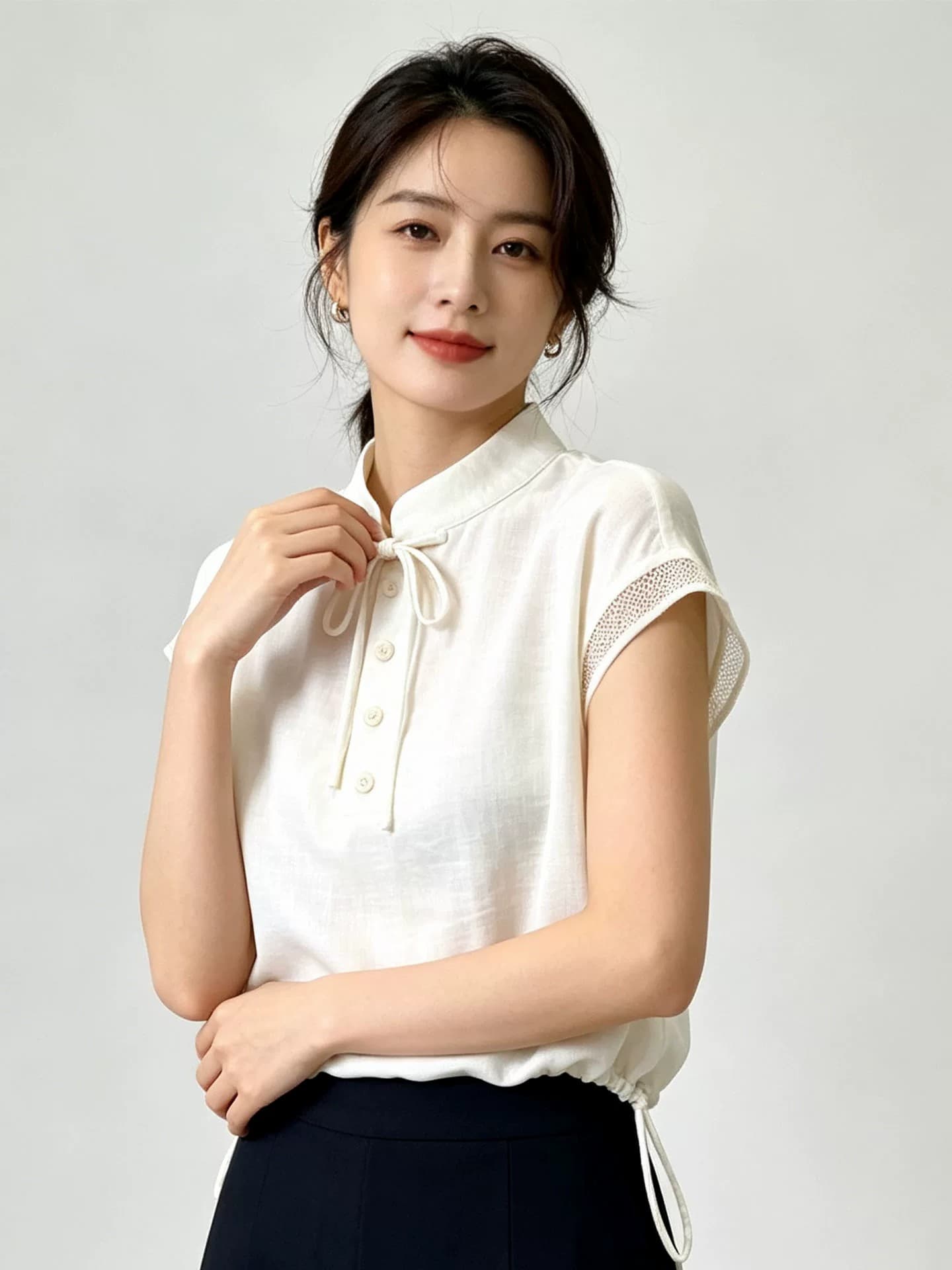 원 웨이 새로운 중식 레이스업 스탠드 칼라 맨위 여성 여름 2026 새로운 망사 패치워크 밑단 펌프 로프 품격 셔츠 상세 이미지 6