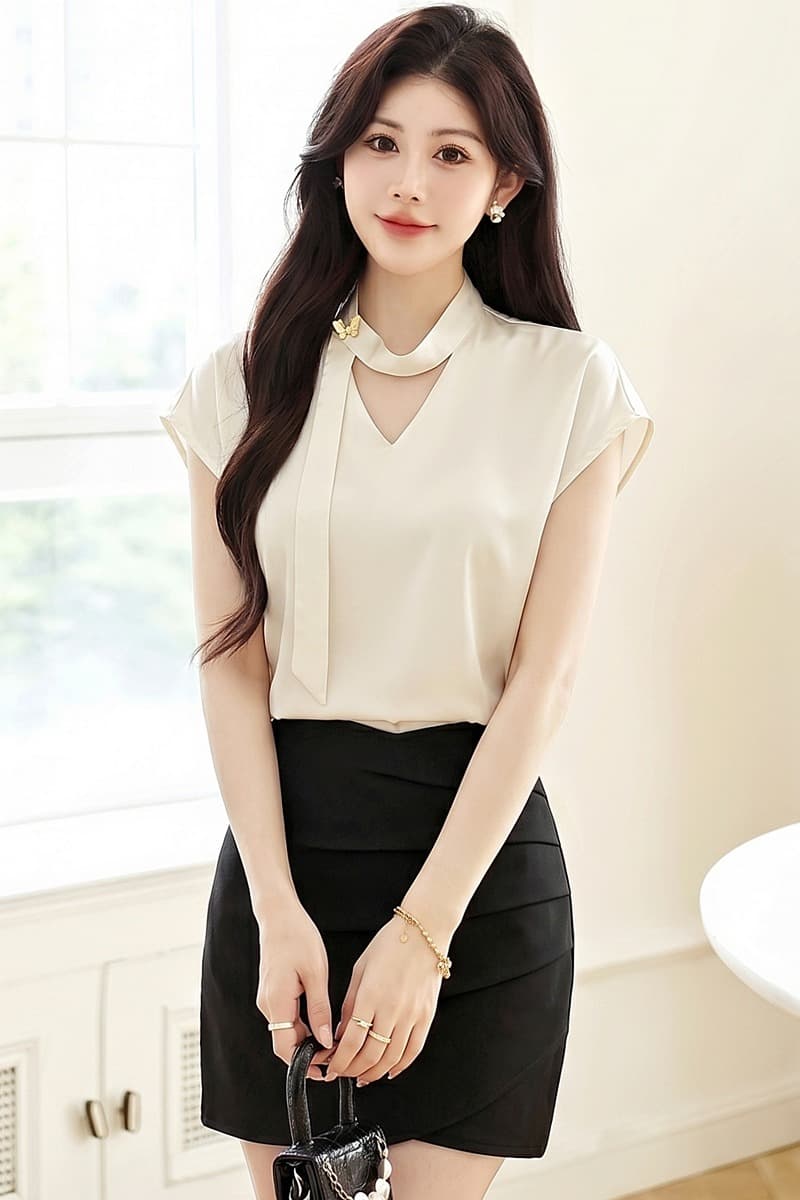 프랑스식 품격 고급 센스 행침 목 리본 가을 어깨 반팔 여성 셔츠 여름 섹션 새틴 경력 출퇴근 맨위 이미지 6