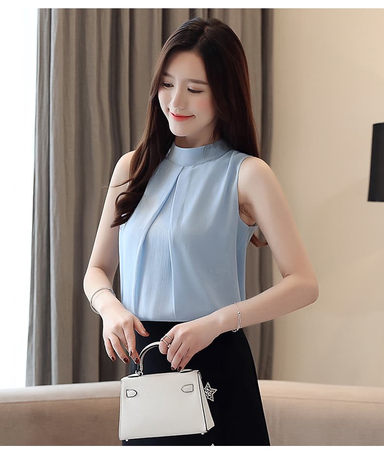 2026 실사 민소매 쉬폰 블라우스 여성용 짧은 소매 여름 패션 여성 루즈핏 슬림해 보이는 다용도 스탠드 칼라 슈퍼 요정 맨위 상세 이미지 23