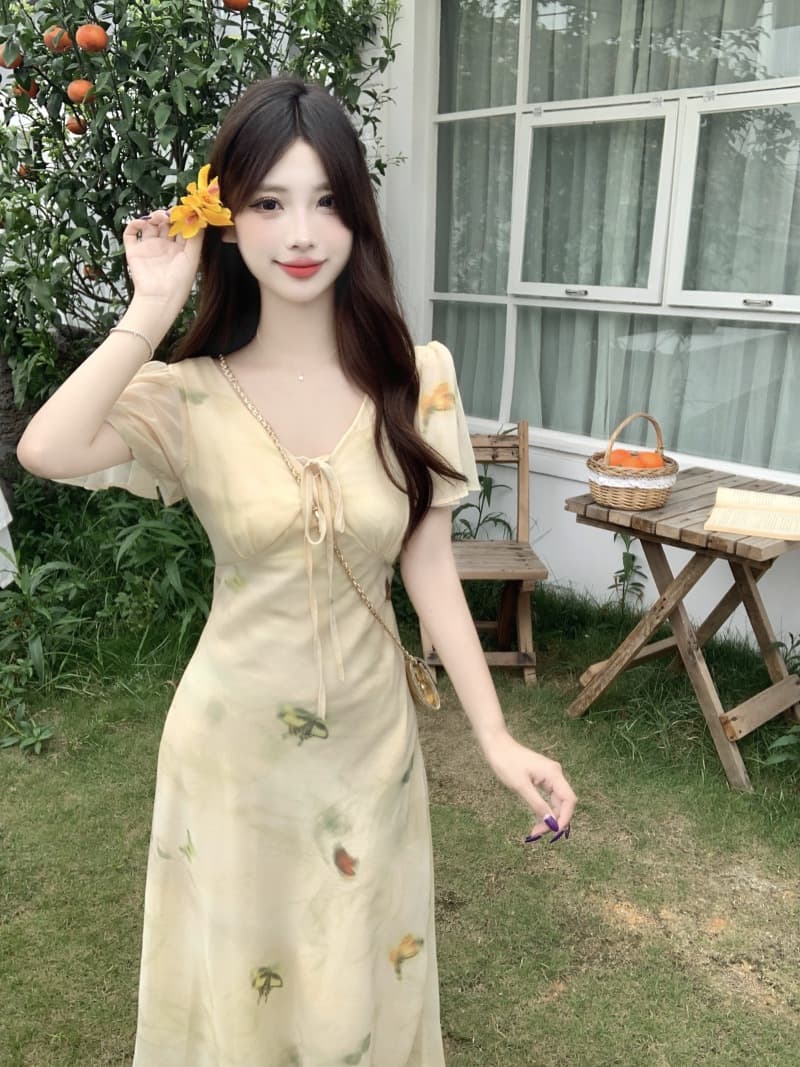 실사 프랑스식 핑크색 장미 꽃무늬 드레스 여름 슈퍼 잘 생긴 V넥 휴가 슬림해 보이는 드레스 상세 이미지 26