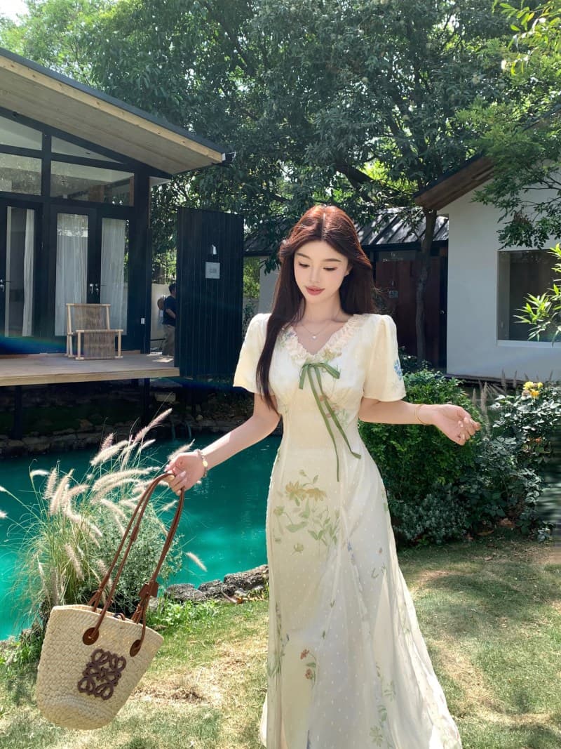 실사 여름 새로운 부드러운 꽃무늬 드레스 허리 수축 슬림해 보이는 아름다운 중간 길이 드레스 상세 이미지 10