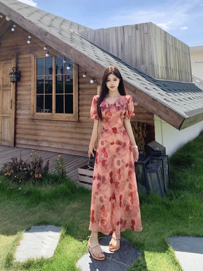 실사 프릴 패치워크 V넥 허리 수축 슬림해 보이는 프랑스식 낭만주의 특별 조정 장미 중간 길이 드레스 상세 이미지 10