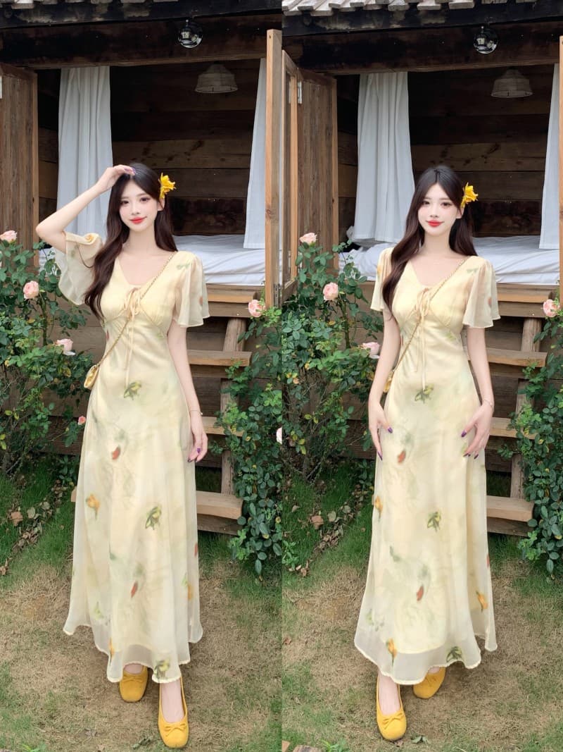 실사 프랑스식 V넥 슬림해 보이는 여성 드레스 품격 슬림해 보이는 부드러운 바람 꽃무늬 Feifei 소매 중간 길이 드레스 상세 이미지 1