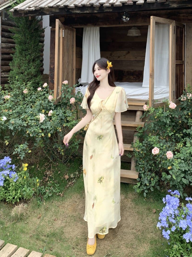 실사 프랑스식 V넥 슬림해 보이는 여성 드레스 품격 슬림해 보이는 부드러운 바람 꽃무늬 Feifei 소매 중간 길이 드레스 상세 이미지 10