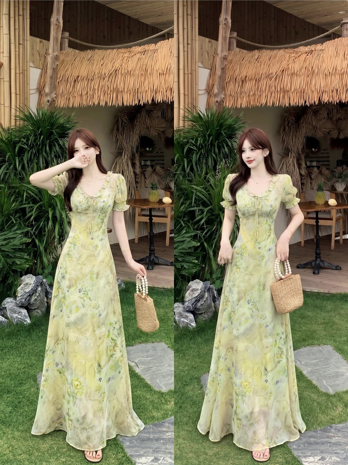 실사 여름 새로운 프릴 허리 수축 슬림해 보이는 연령 감소 프랑스식 부드러운 바람 꽃무늬 중간 길이 드레스