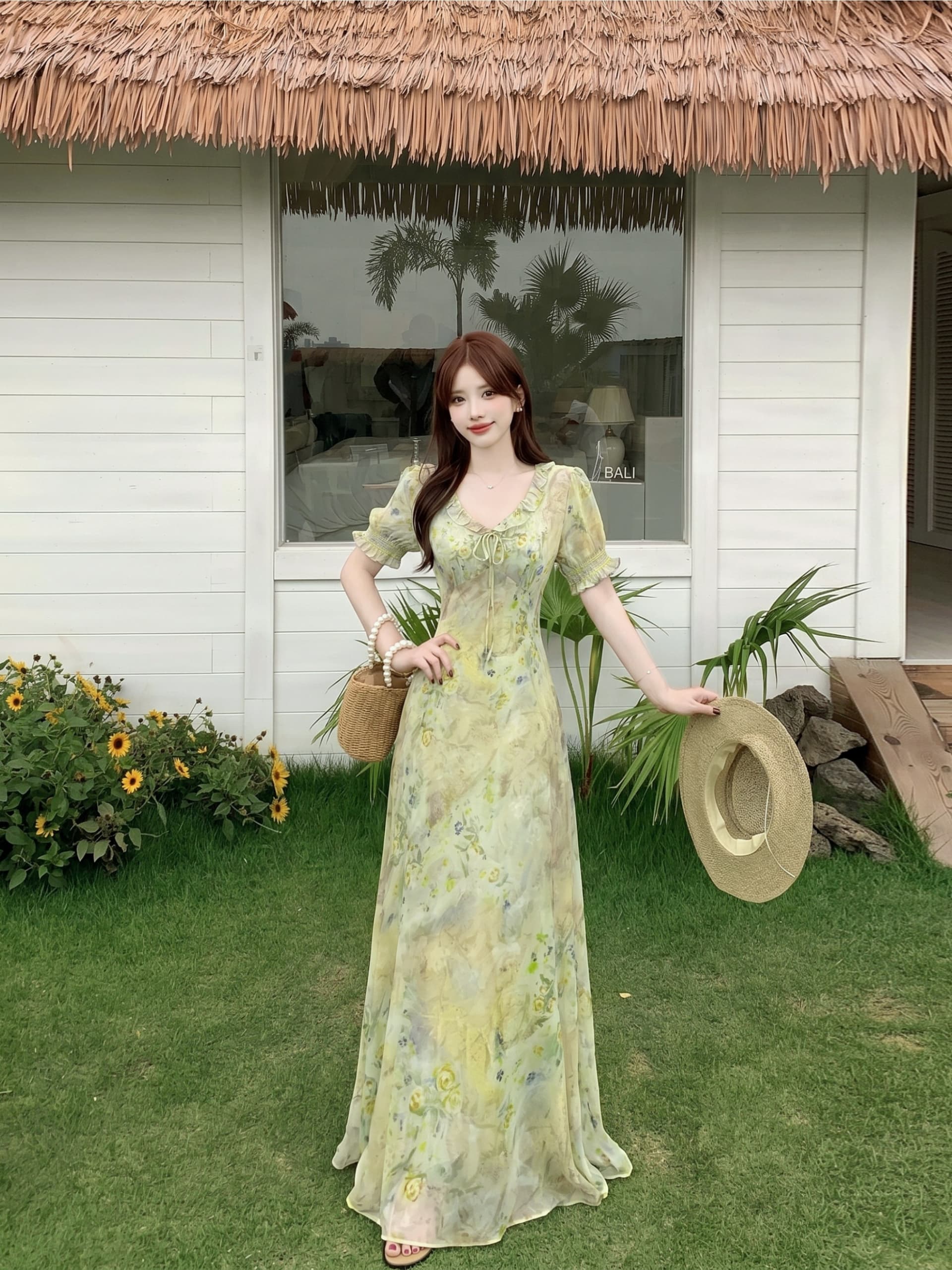 실사 여름 새로운 프릴 허리 수축 슬림해 보이는 연령 감소 프랑스식 부드러운 바람 꽃무늬 중간 길이 드레스 이미지 2