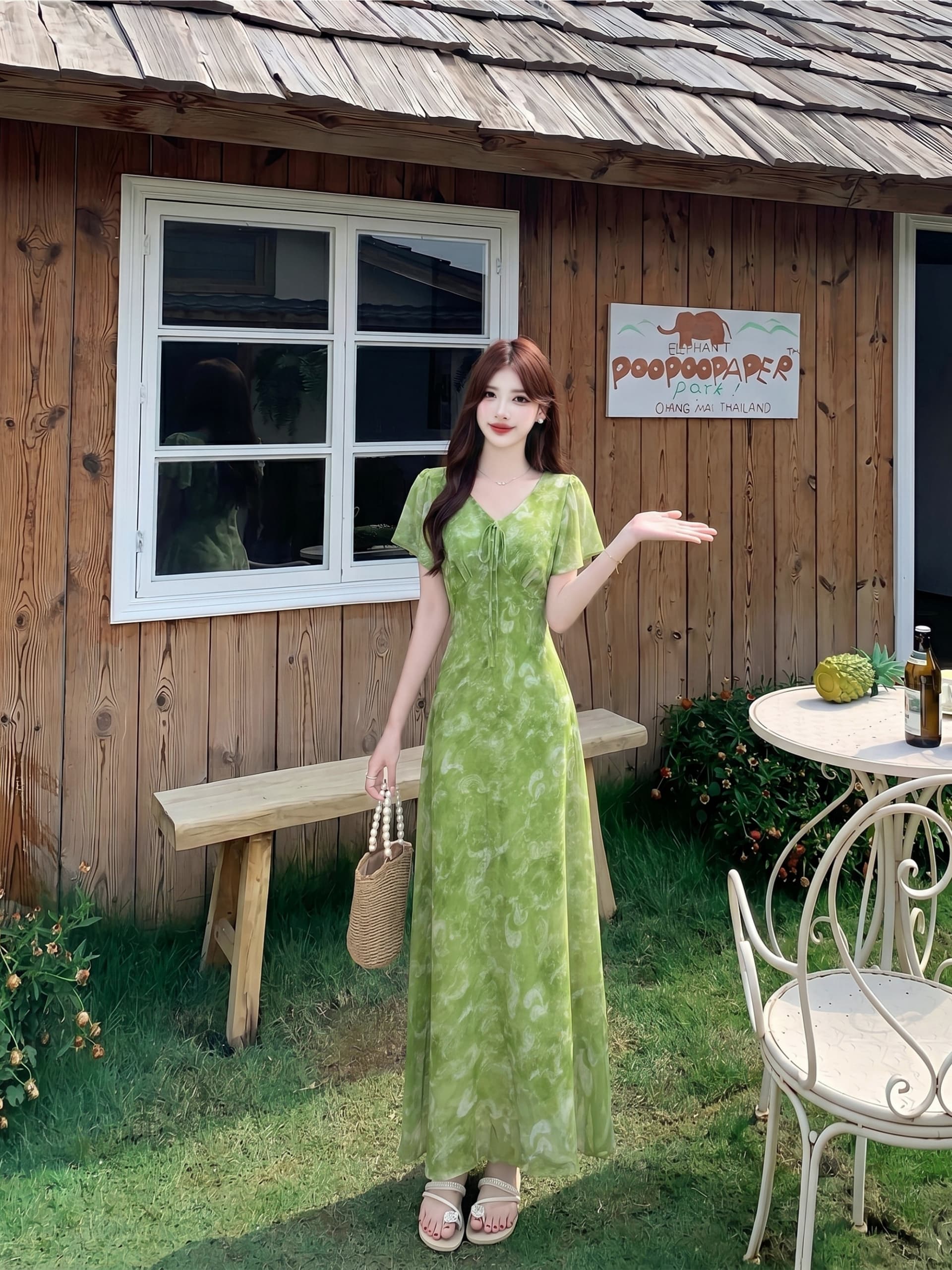 실사 녹색 꽃무늬 V넥 헤일로 염색 여성 드레스 여름 허리 수축 슬림해 보이는 Feifei 소매 중간 길이 드레스 이미지 4