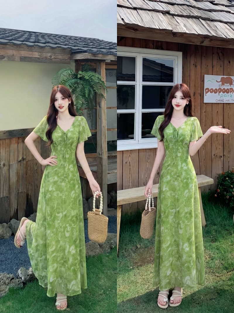 실사 녹색 꽃무늬 V넥 헤일로 염색 여성 드레스 여름 허리 수축 슬림해 보이는 Feifei 소매 중간 길이 드레스 상세 이미지 1