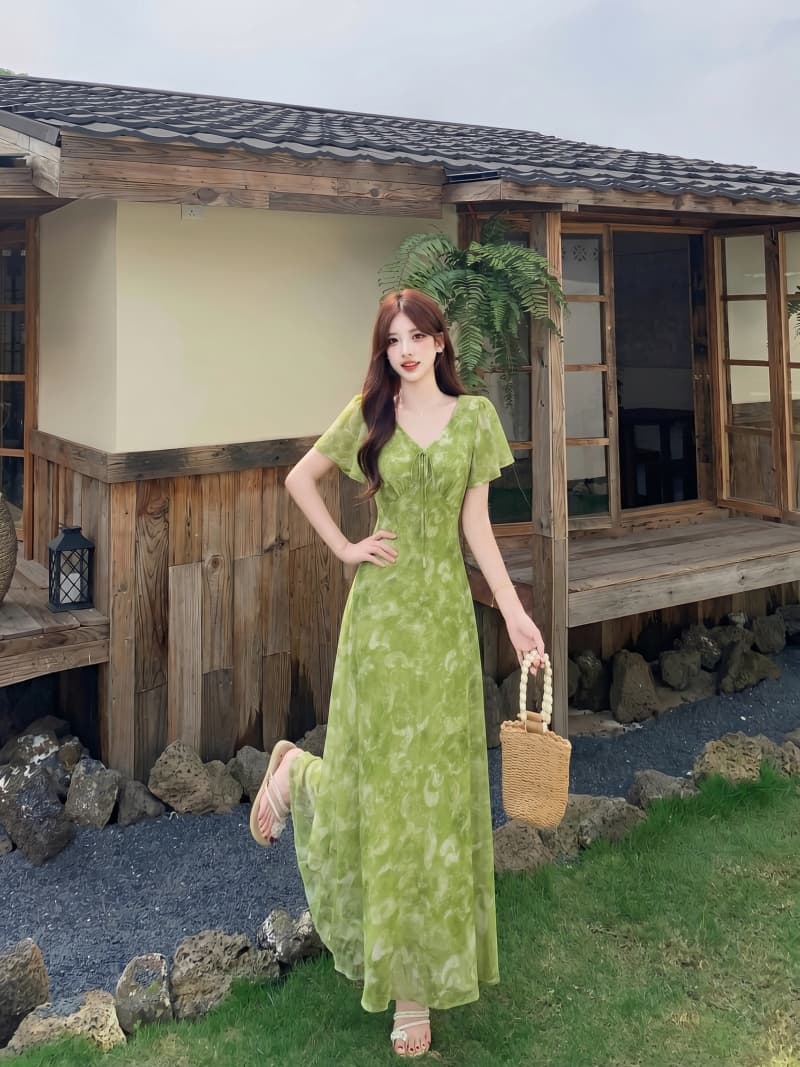 실사 녹색 꽃무늬 V넥 헤일로 염색 여성 드레스 여름 허리 수축 슬림해 보이는 Feifei 소매 중간 길이 드레스 상세 이미지 7