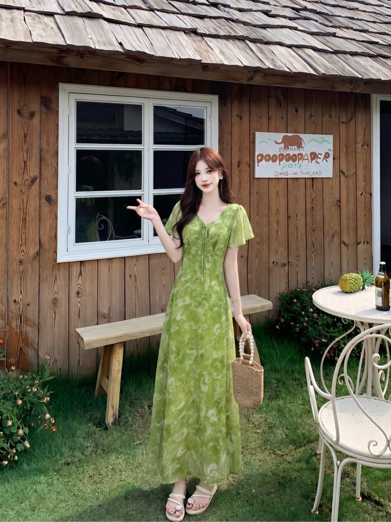 실사 녹색 꽃무늬 V넥 헤일로 염색 여성 드레스 여름 허리 수축 슬림해 보이는 Feifei 소매 중간 길이 드레스 상세 이미지 10
